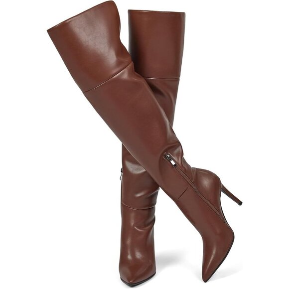 Shoes - Women Brown Faux Leather Ponited Toe Zipper up Thigh High Stiletto Heel Boot